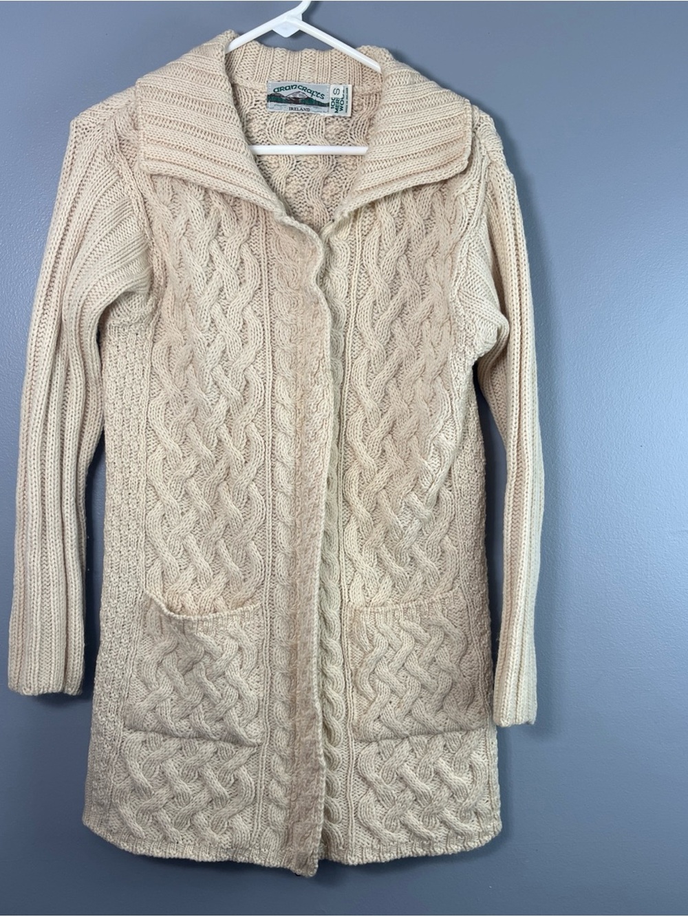 Aran Crafts Cream Cable Knit Long Cardigan with Shawl Collar